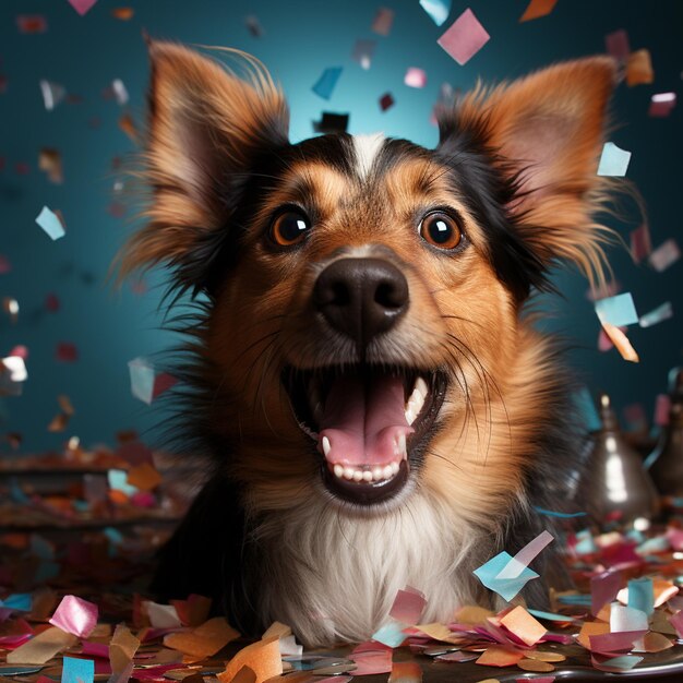 Excited dog with colorful confetti Happy pup celebrating with confetti