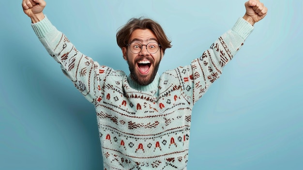 Photo excited and ecstatic young man with a beard