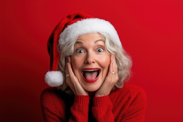 Excited elderly woman in Santa hat smiling on red Christmas background