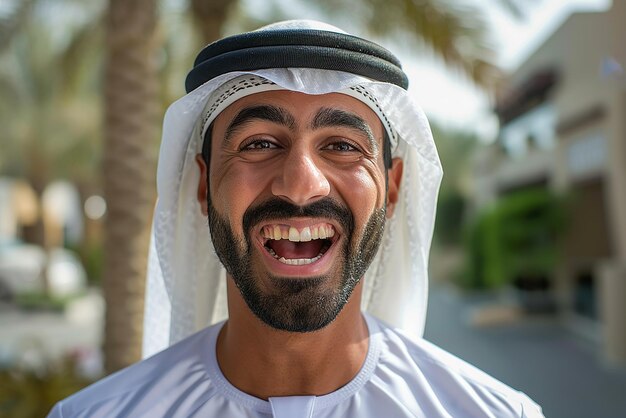 Photo excited emirati man in formal white dress