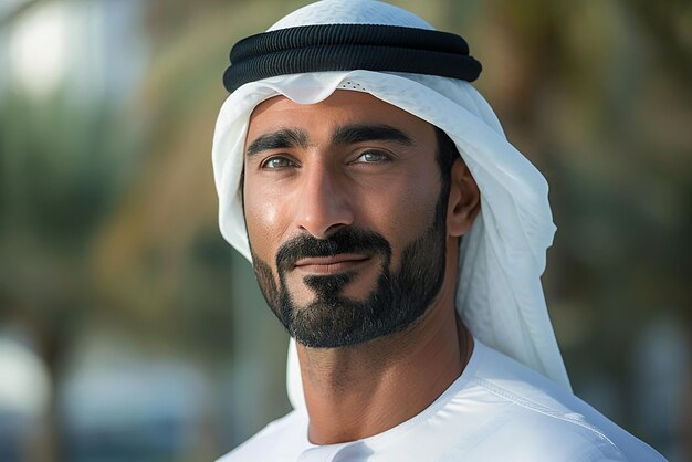 Photo excited emirati man in formal white dress