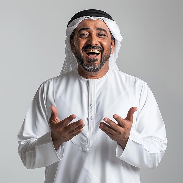 Photo excited emirati man in formal white dress