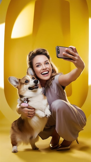 Photo excited european woman taking selfie with her pretty corgi dog looking at phone camera and embraci