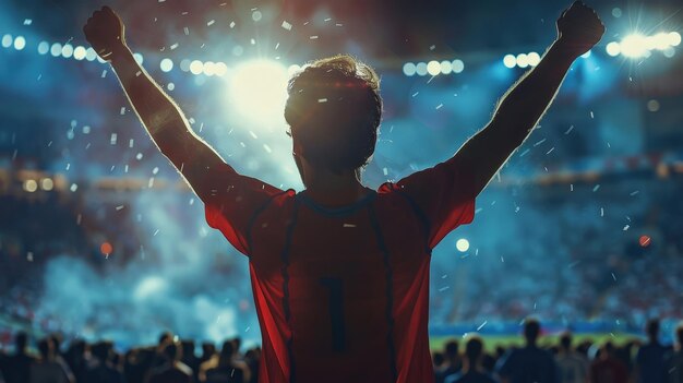 Excited fan celebrating victory in a packed stadium during a night soccer match with bright lights a