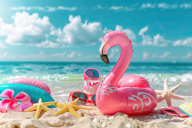 Excited flamingo heading to the beach for summer vacation with beach items nearby