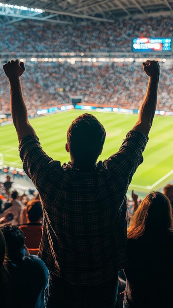 Photo excited football fan cheers for favorite team at stadium