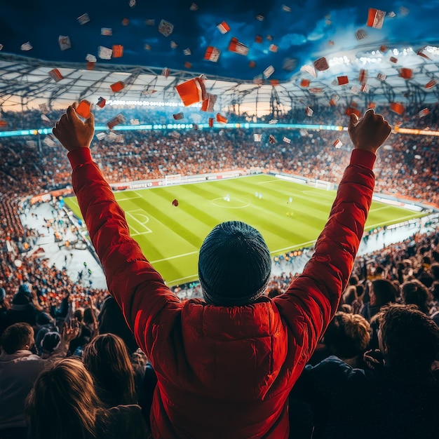 Excited Football Fan Cheers for Favorite Team at Stadium