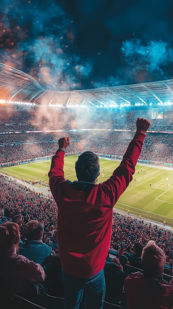 Excited Football Fan Cheers for Favorite Team at Stadium