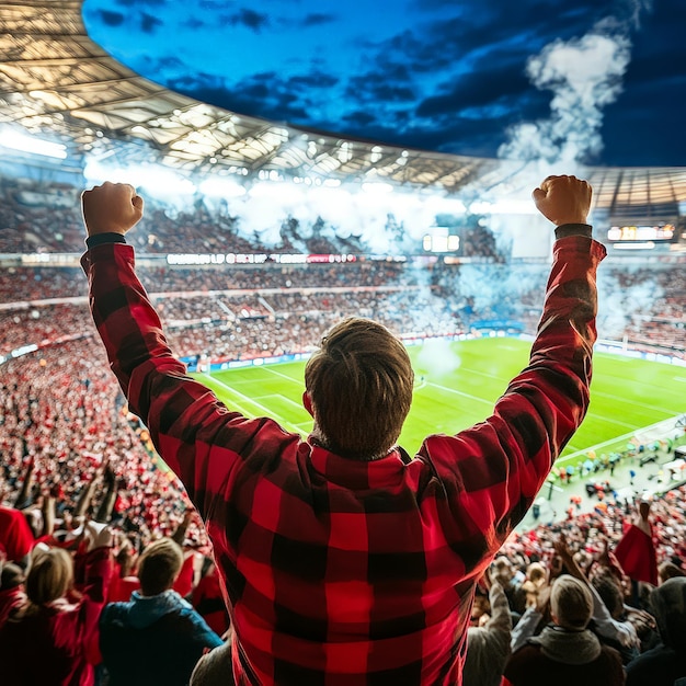 Excited Football Fan Cheers for Favorite Team at Stadium