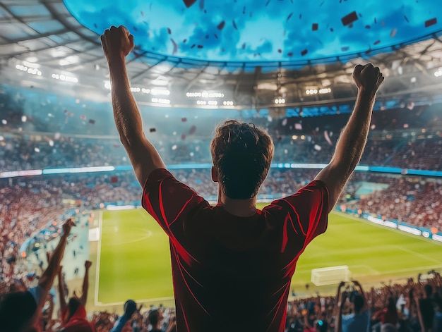 Photo excited football fan cheers for favorite team at stadium