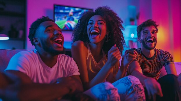 Photo excited friends watching sports game on tv at home