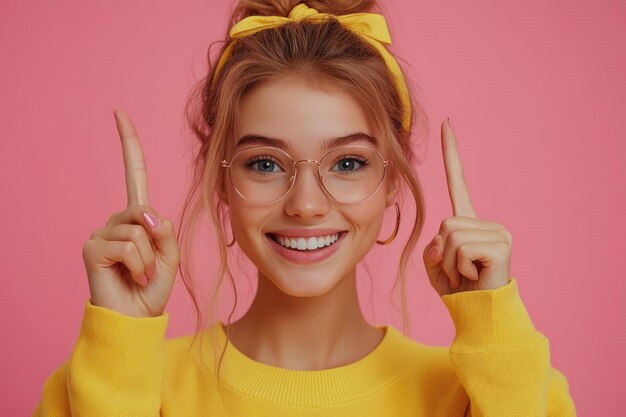 Photo excited girl pointing upwards against a pink studio background with energetic and joyful pose