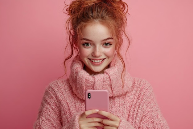 Photo excited girl texting on smartphone against a vibrant pink background future gadgets unveiled