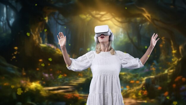 Excited girl vr connecting meta green maple leaves falling jungle contraption