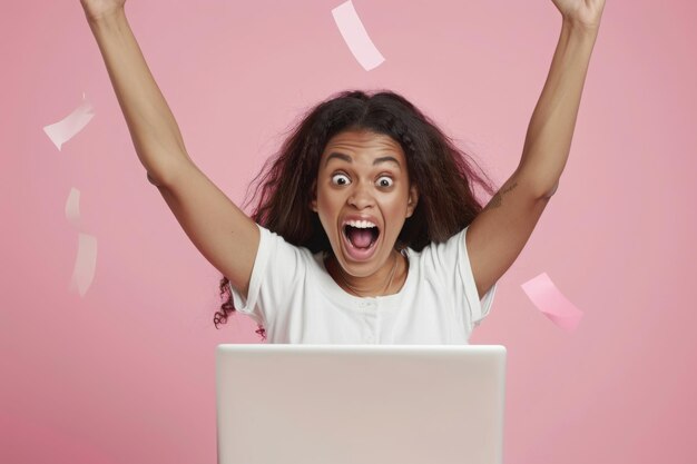 Excited happy african american woman feeling winner rejoicing online win got new job opportunity