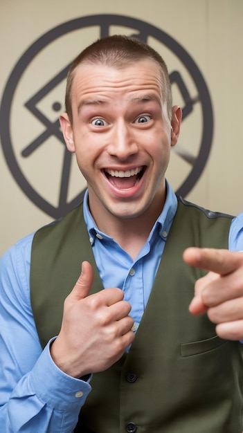 Photo excited and happy caucasian man smiling at camera pointing fingers left at empty space showing logo