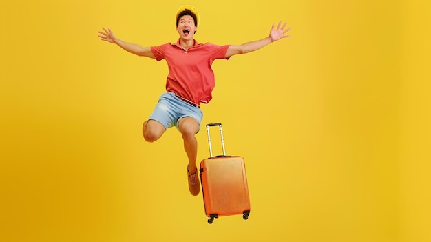 Excited happy young Asian man tourist with luggage jumping isolated on yellow studio Generative AI