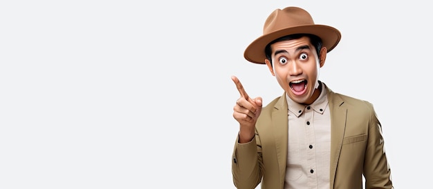 Excited Indonesian man wearing traditional headwear gesturing to empty copy space isolated on white background