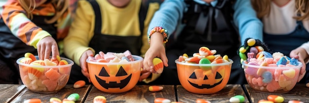 Excited kids in costumes await treats on a festive porch reaching out eagerly for candy