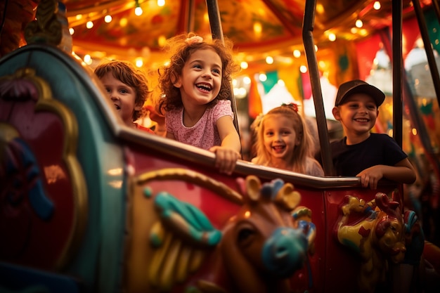 Excited kids enjoy a colorful merrygoround ride at a festive carnival