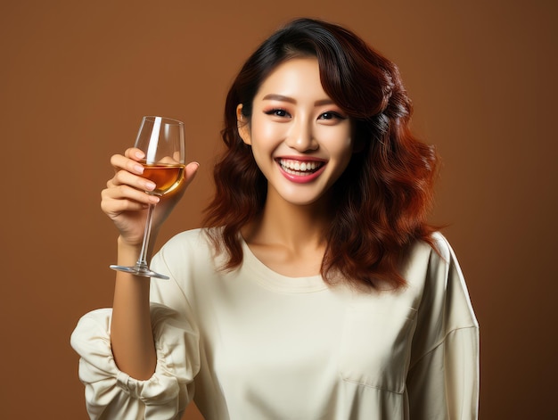 Excited Korean Woman Celebrating with Champagne Happy Young Female in Casual Clothes Festive Mood