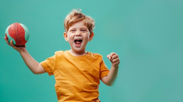 Photo excited little boy holding a kickball