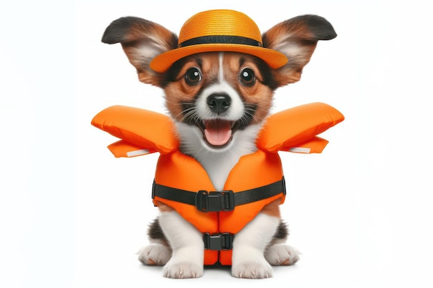 Excited little dog in Orange Life Vest Isolated on white background