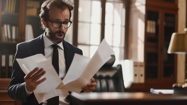 Photo excited male lawyer reading legal documents in office before court generative ai