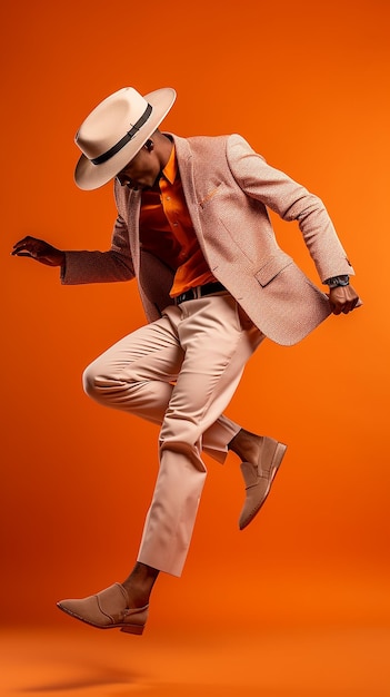 Excited man celebrating success and jumping high yellow white background