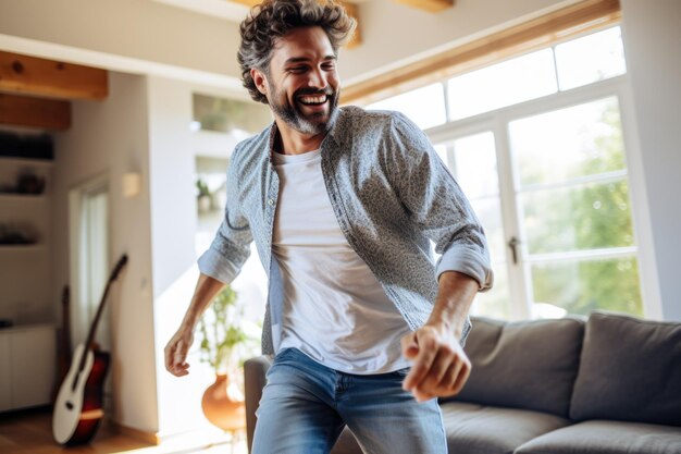 excited man dancing in the living room ai generated