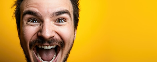 Excited Man Expressing Joy with Wide Smile Against Vibrant Yellow Background