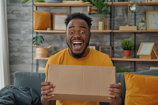 Excited Man Holding Online Shopping Delivery Package at Home