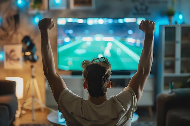 Excited man at home celebrating victory while watching sports game on TV Concept Sports Victory Excitement Celebration Home