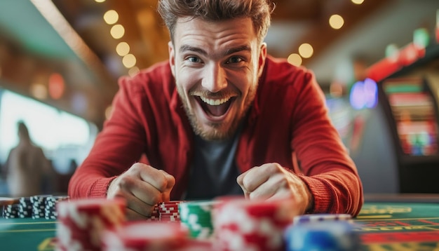 Photo excited man winning at casino gambling table game with poker chips