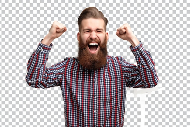 Photo excited man with beard in checkered shirt celebrating on clear bg