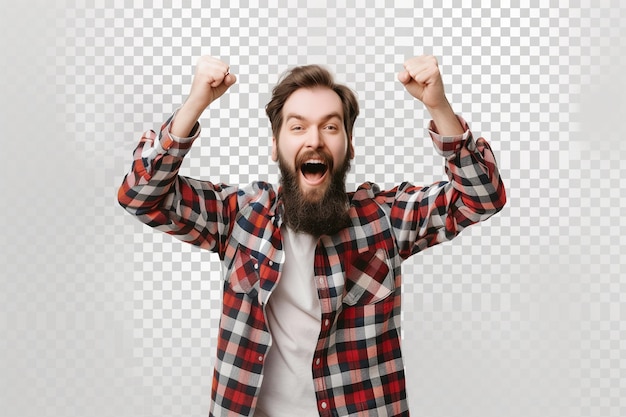 Photo excited man with beard in checkered shirt isolated on transparent background