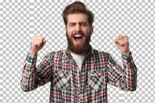 Photo excited man with beard in checkered shirt transparent bg