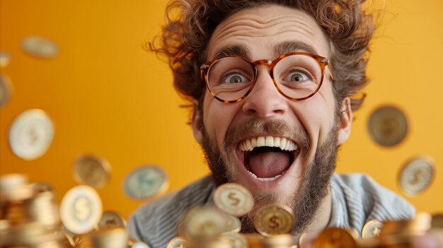 Excited Man With Flying Coins Against Orange Background