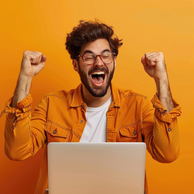 Excited man with laptop celebrating on studio with orange background