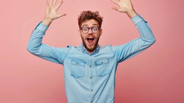 Photo excited man with raised hands