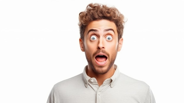 Photo excited man with a shocked expression wide eyes open mouth white background concept of surprise announcement unexpected news joyful reaction promotional content banner copy space