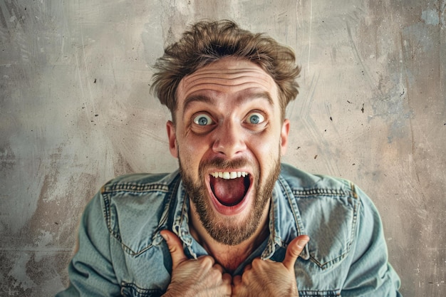 Photo excited man with wide eyes and open mouth