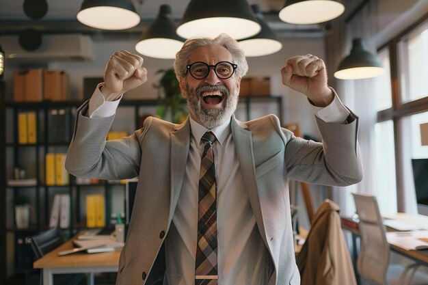 Excited Old Businessman celebrating success in office Ai Generated