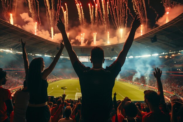 Photo excited people standing with their arms raised with colorful scarfs at crowded stadium at evening time