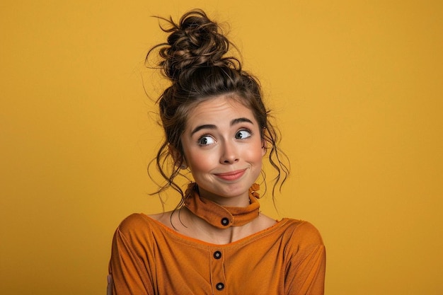 Photo excited positive lady dressed in cow skin top comparing arms on yellow background