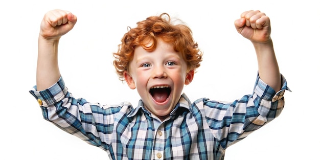 Photo excited redhead boy cheering on white background