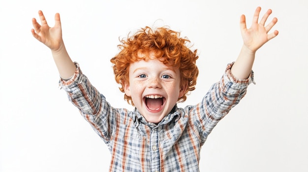 Photo excited redhead boy cheering on white background