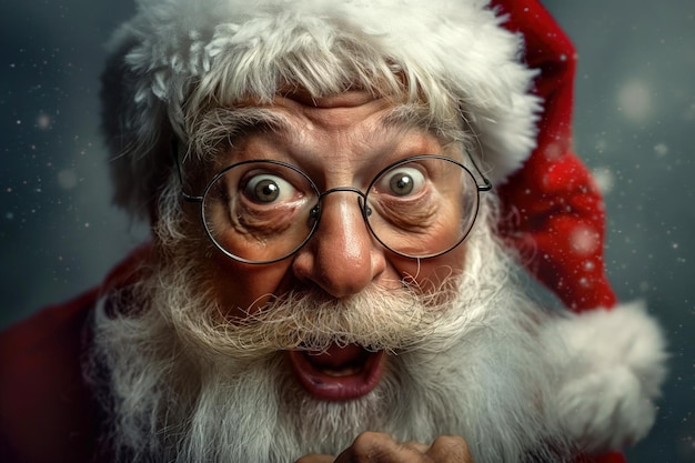 Excited Santa Claus with Wide Eyes and Open Mouth in Red Hat and Glasses During Winter Holiday