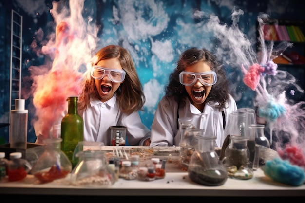 Excited school girls during chemistry experiment AI generated