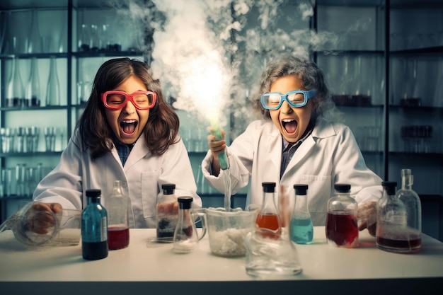 Excited school girls during chemistry experiment Science concept AI generated